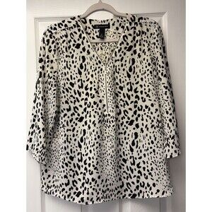 INC International Concepts Women 12 WhiteBlack Leopard Chiffon Zip Neck Blouse